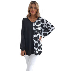 Stitching Leopard Print V neck Boyfriend T shirt Sweater