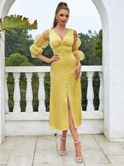 Robe de cocktail mi-longue jaune à col en V et coupe slim pour célébrités d'Internet