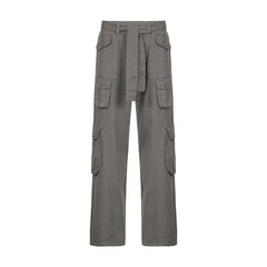 Jean cargo taille basse à lacets, couleur unie, multi-poches, pantalon patchwork amincissant