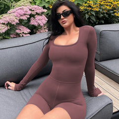 Langarm-Jumpsuit mit U-Kragen, ausgehöhltem Ausschnitt, hoher Taille und Hüftlifting, Sport-Yoga-Overall