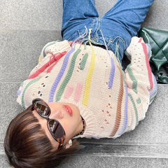 Pullover Farbe Streifen Aushöhlen Ausschnitt Quaste Kurzen Lose Pullover Gestrickten Pullover