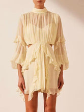 Vacation Solid Color A line High Collar Ruffled Waist Tight Hollow Out Cutout out Short Dress