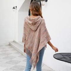 Hooded Striped Tassel Cape Shawl Outer Scarf