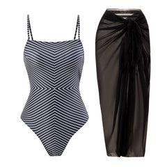 Einteiliger Bikini mit gestreiftem, bedrucktem Gazerock