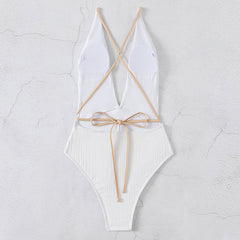 Beach Swimwear Solid Color V neck Backless Quick Drying One Piece Bikini Swimwear