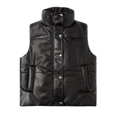 Leather Waistcoat Sleeveless Quilted Zipped Cotton Padded Jacket StCollar