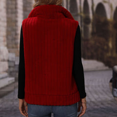 Veste décontractée en peluche à col sans manches et fermeture éclair à rayures amples