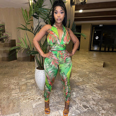 Printed Backless Top Skinny Pants Casual Set