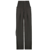 Distressed Gray Woven Straight Leg Pants High Waist Loose Slim Fit Draping Ribbon Trousers
