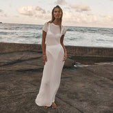 Robe en maille transparente, décontractée, taille serrée, col rond, grosses rayures, robe longue amincissante en maille