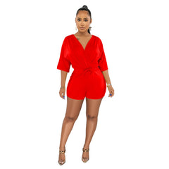 Wear Solid Color Tied V Neck Half Sleeves Shorts Jumpsuit