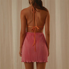 V Neck Backless Pleated Dress Halter Lace Up Cutout Short Dress