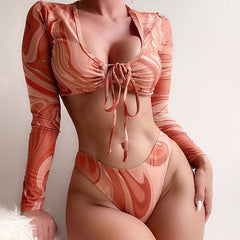 Tie Dyed Two Piece Swimwear High Waist Long Sleeves Beach Bikini