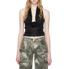 V neck Socialite Chest Pleated Beauty Back Halter Strap