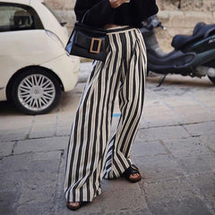 Black White Striped Wide Leg Pants Casual Slimming High Waist Loose Drooping Mop Trousers