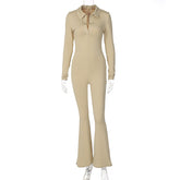 Polo Collar Slimming Long Sleeves Casual Wide Leg Pant Jumpsuit