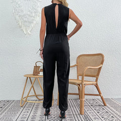 Solid Color Straight Slim Black Rayon Jumpsuit