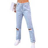 Trendy High Waist Wide Leg Loose Ripped Straight Denim Pants