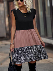 Three Color Stitching Dress Contrast Color Leopard Print Flying Short Sleeve A Line Dress