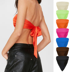 Back Lace up Satin Wrapped Chest Solid Color Triangular Binder cropped Exposed Non Slip Tube Hankey Hem Top