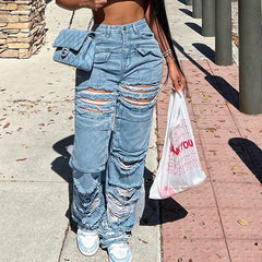 Jean taille haute coupe droite avec coutures de poche, ajouré, déchiré et décontracté
