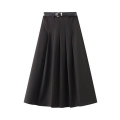 Gray Mid Length Skirt High Waist Slimming Casual Pleated Skirt with Belt