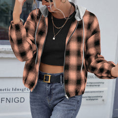 Plaid Shirt Loose Long Sleeve Casual Zipper Hooded Jacket Coat