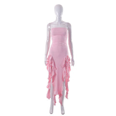 Solid Color Sleeveless off Shoulder Ruffle High Waist Dress