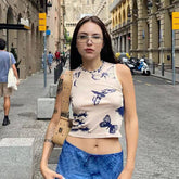 Pull slim sans manches à imprimé papillon et col rond