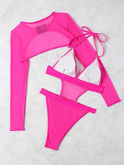 Solid Color Halter Multi Color Long Sleeve Blouse Swimsuit