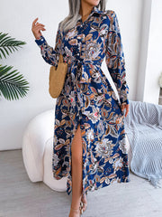 Retro Floral Collared Tied Shirt Dress Maxi Dress