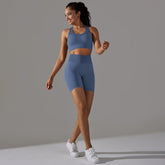 Nahtloser gestrickter hoher Taillen-Bauch-Kontraktur-Übungs-Yoga-Trainings-BH-Weste-Shorts-Strumpfhosen-Anzug