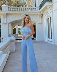 Deep V Plunge Feather Jumpsuit Casual Trousers