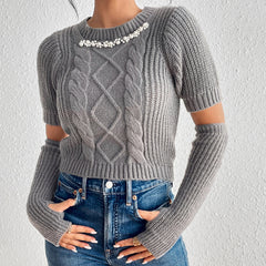 Pull simple à manches courtes et détachables, couleur unie, col rond, aiguille