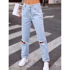 Trendy High Waist Wide Leg Loose Ripped Straight Denim Pants