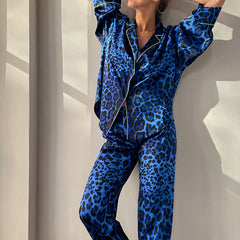 Blue Leopard Print Loose Comfortable Soft Pajamas Cardigan Trousers Two Piece Home Wear