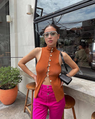 Single Breasted Knitted Vest Hollow Out Cutout Knitted Cropped Turtleneck Sleeveless Slim Fit Shape Vest Top