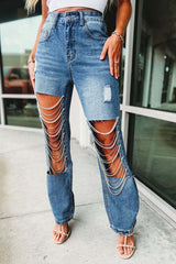 Jeans déchirés anciens, ornements de chaîne, pantalons droits