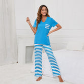 Einfarbiger V-Ausschnitt T-Shirt-Druck Gestreifter Freizeitanzug Homewear-Pyjama