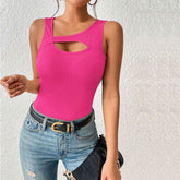Slim Fit Knitted Solid Color Hollow Out Cutout Vest T shirt Top