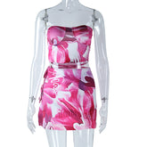 Printed Sleeveless Wrapped Chest Cropped Vest Split Sheath Skirt Set