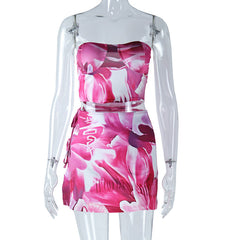 Printed Sleeveless Wrapped Chest Cropped Vest Split Sheath Skirt Set