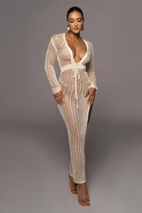 Cutout Wool Deep V Plunge Neck High Slit Knitted Dress