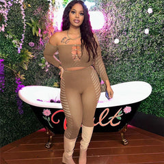 Knitted Slim Fit Figure Flattering Short Sleeve Top High Waist Tight Trousers Set