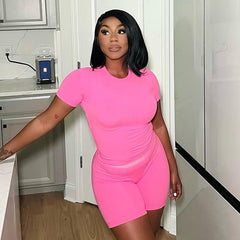 Street Solid Color Tight Short Sleeved Shirt Shorts Set