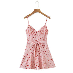 Pink Polka Dot Brace Jumpsuit Lace up Backless Shorts