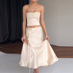 Robe longue en satin, haut tube, couleur unie, dos nu, jupe à lacets