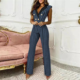 Farblich passender Jumpsuit mit Knöpfen, V-Ausschnitt und Hahnentrittmuster, ärmellos, Business-Kleidung