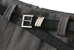Gray Mid Length Skirt High Waist Slimming Casual Pleated Skirt with Belt