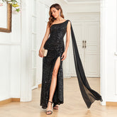 Asymmetrische Off Schulter Sequ Slim Fit Abendkleid Schlitz Seite Reißverschluss Chiffon Patchwork Band Lange